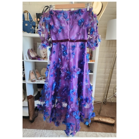 Marchesa Notte Off-the-Shoulder Blouson-Sleeve Tulle Dress w/ 3D Flowers… - Picture 7 of 13